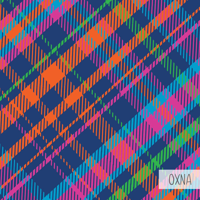 Colorful geometric plaid pattern with diagonal stripes in orange, pink, blue, and green on navy background
