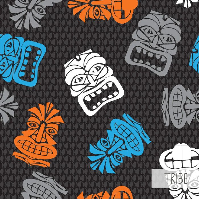 Pattern of colorful tiki tribal masks in white, blue, orange, and gray on black background