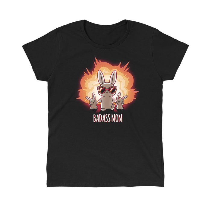 Classic Cotton T-shirt_TeeTurtle black Badass Mom apparel featuring a bunny mom in sunglasses walking away from an explosion while holding the hands of 2 baby bunnies. Caption reads, "badass mom".