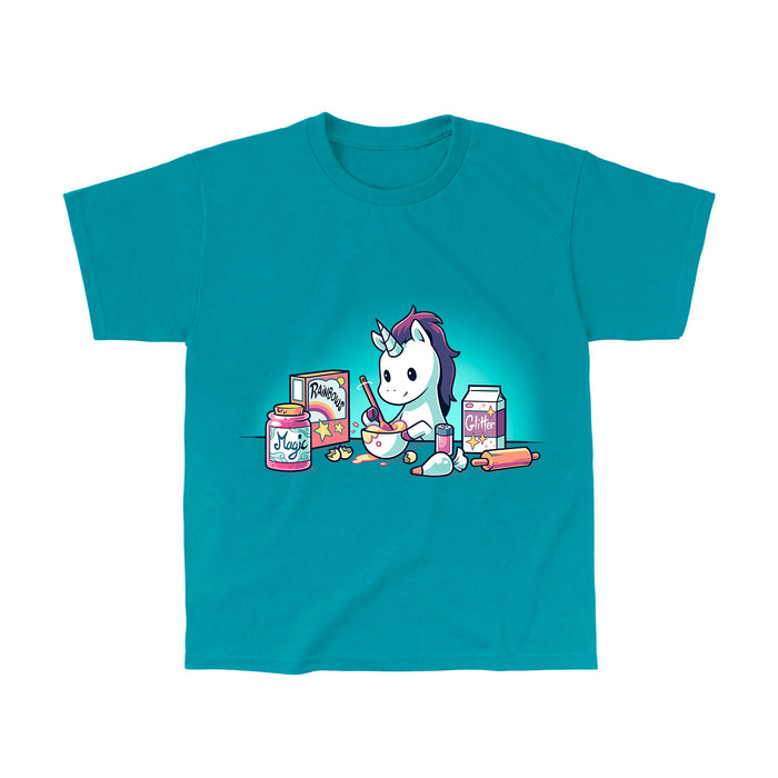 Classic Cotton T-shirt_Teeturtle Baking Unicorn Tropical Blue apparel featuring a Unicorn baking with the ingredients of Magic, Rainbows and Glitter.