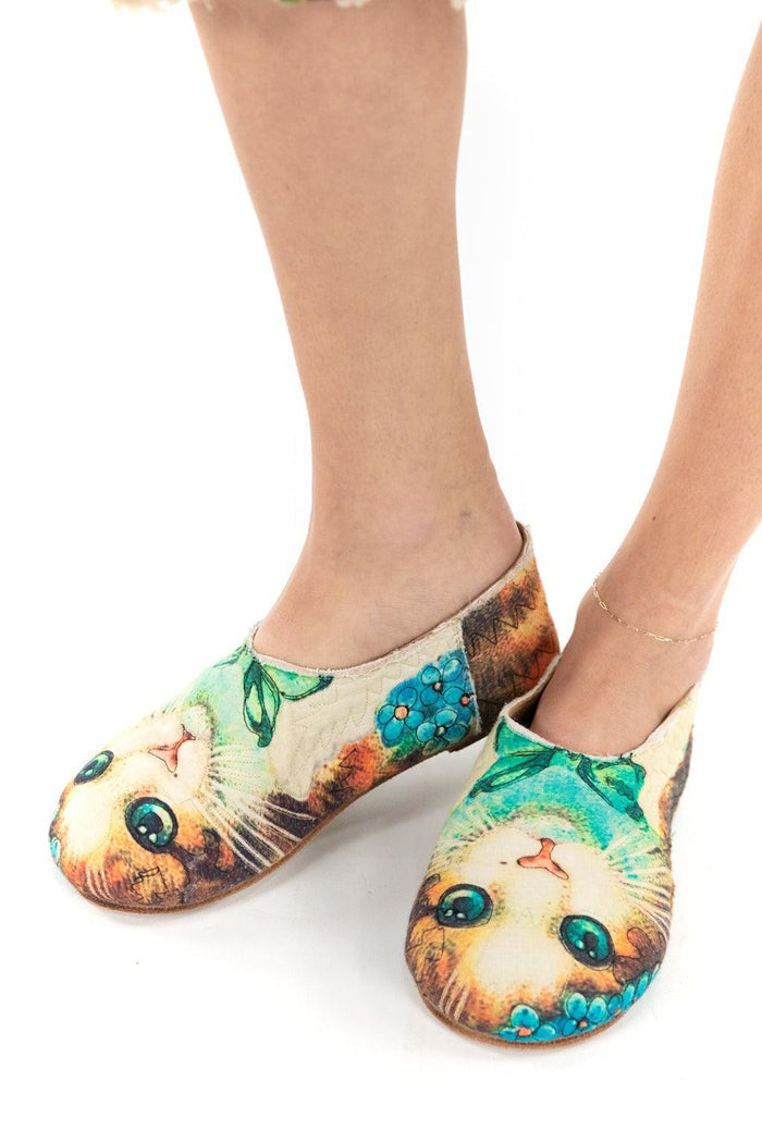 Magnolia Pearl artisan cat face slip-on shoes with whimsical vintage floral design