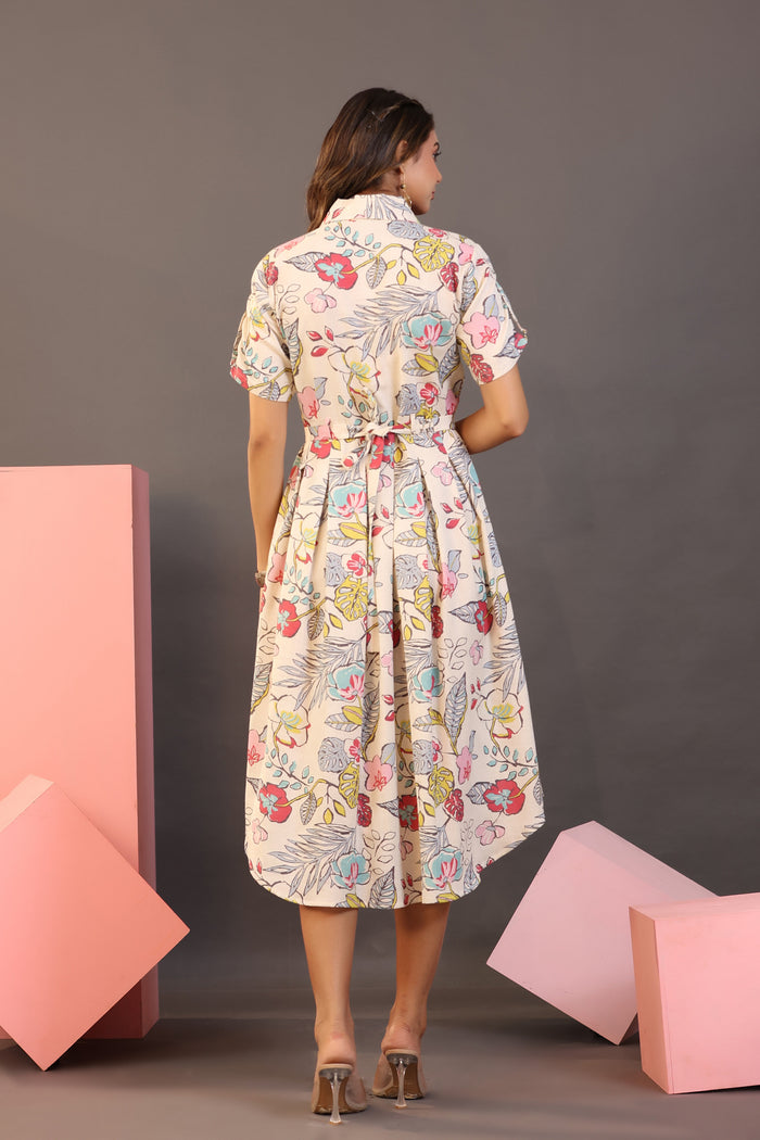 Botanical Garden on Off white MIDI Cotton Flex Dress