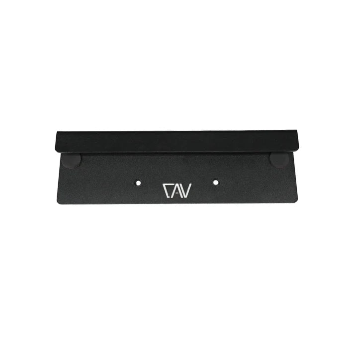 CAV cab shelf TV bracket with black powder-coated finish and logo in center