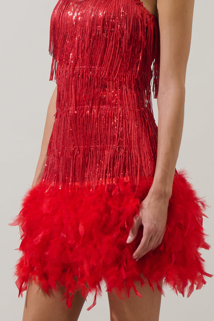Camry Sequin Fringe Feather Mini Dress