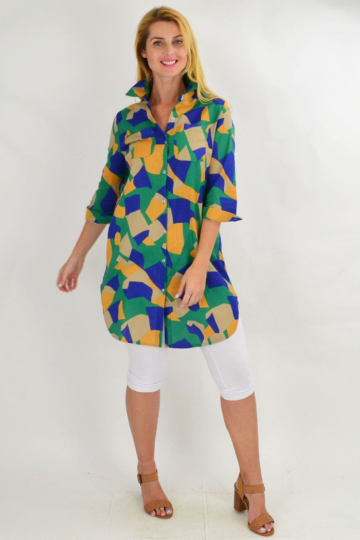 Colorful summer tunic shirt by Ruby Rain featuring green and beige lightweight fabric and relaxed fit.