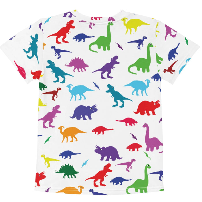 Dino Print Kid's Tee - The simplified, multi-directional silhouettes in electric lime (#32CD32), cherry red (#D2042D), tangerine orange (#F28500), and deep royal purple (#7851A9) featuring the signature single-dot eye design