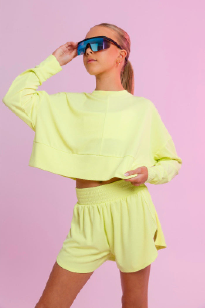 Every Turn Disco Pullover Sweater In Yellow Zing, Oversized, Cropped Fit, Front Up Close View.