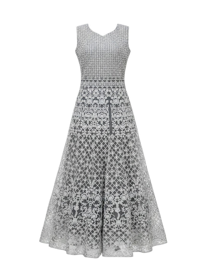 Kurti Connection USA silver-grey sleeveless formal maxi dress with intricate floral and geometric embroidery