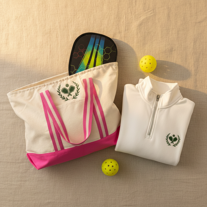 Embroidered Pickleball Crest Canvas Tote Bag