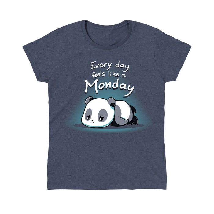 Classic Cotton T-shirt_Teeturtle heather navy Every Day Feels Like a Monday apparel featuring a sad cartoon panda flopped on the floor with eyes downcast with the words 'Every day feels like a Monday' above it.