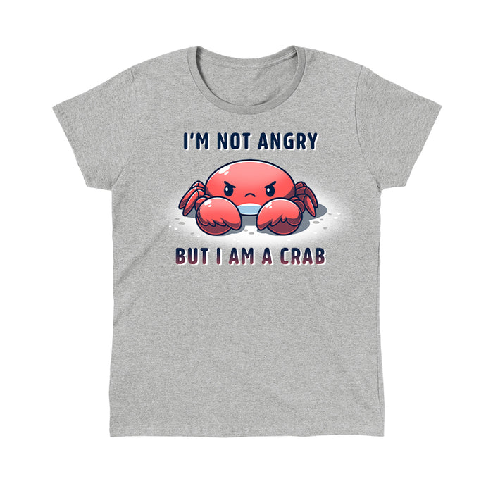 Classic Cotton T-shirt_TeeTurtle heather gray Feeling Crabby apparel featuring a grumpy crab with the caption, "I'm not angry, but I am a crab".