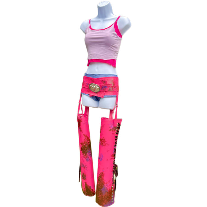 Futuristic Racer Inspired Cosplay Costume – Handmade Dance Festival Top, Shorts & Pleather Chaps Set