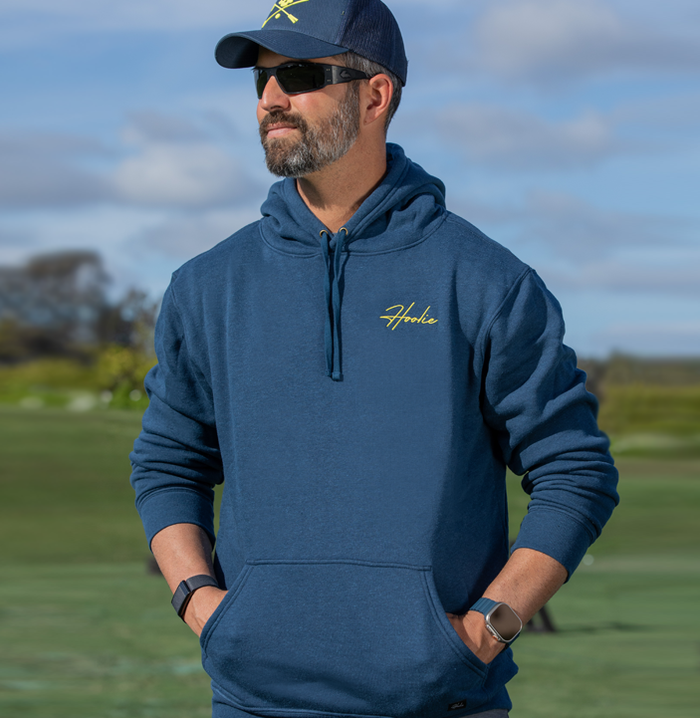 Navy Blue Hoolie Classic Men's Golf Hoodie with embroidered yellow chest logo.