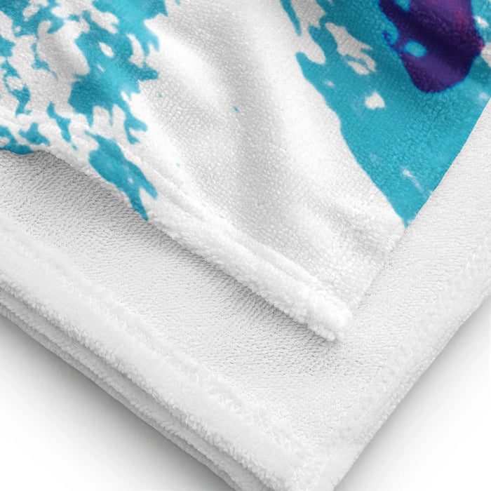 Jazzy 90s Beach Towel - The distinctive intersection of the "dry brush" turquoise teal (#009CA6) broad stroke with the frantic, overlaying "electric grape" (#8A2BE2) scribble.