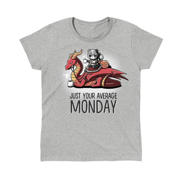Classic Cotton T-shirt_TeeTurtle Just Your Average Monday heather gray t-shirt featuring an adventurous panda with a cup of coffee riding on a dragon that is also holding a cup of coffee, the image set over the words "Just Your Average Monday."
