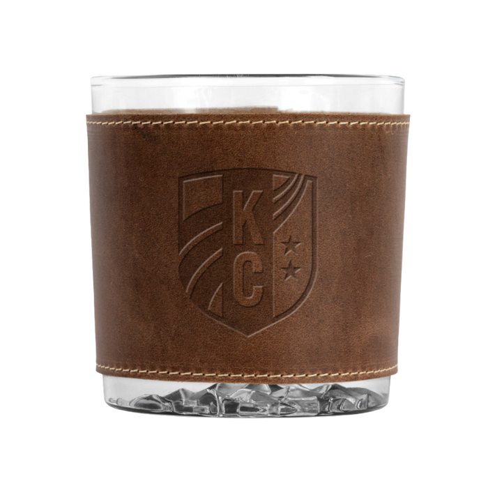 KC Current Rocks Glass with Leather Crest Embossed Band