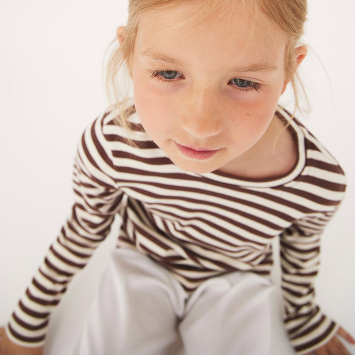Kids Cotton LS Top - Natural/Chestnut Stripe