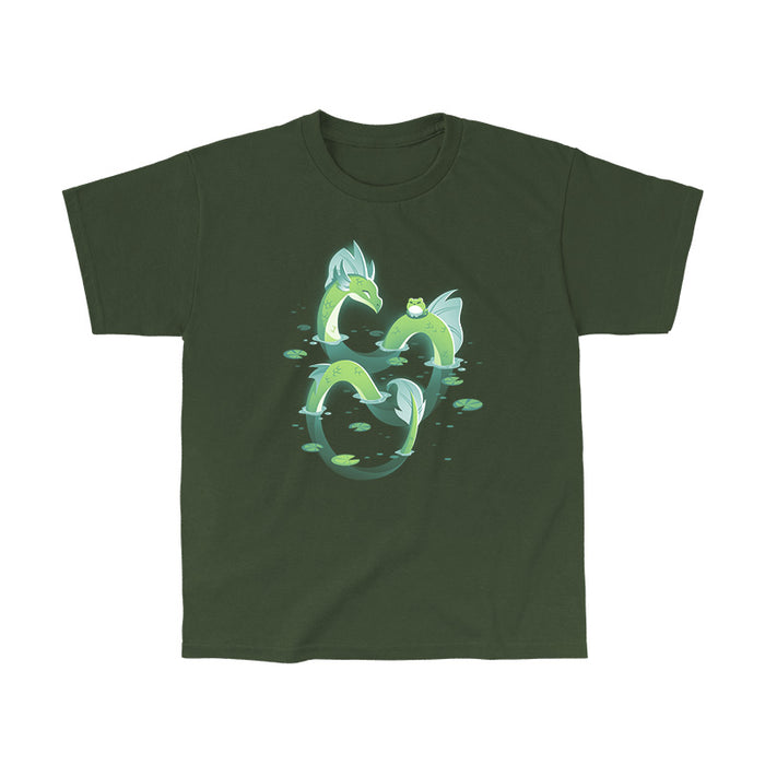 Classic Cotton T-shirt_TeeTurtle forest green Lagoon Dragon apparel featuring an artistic dragon in a lagoon with lily pads around it and a frog sitting on it's back.