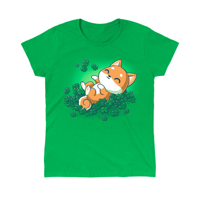 Classic Cotton T-shirt_TeeTurtle Lucky Shiba irish green apparel featuring a happy shiba inu dog rolling around in four leaf clovers.