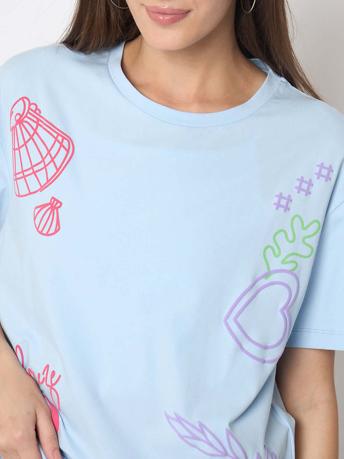 Madame Front and Back Printed Light Blue Sinker Tshirt