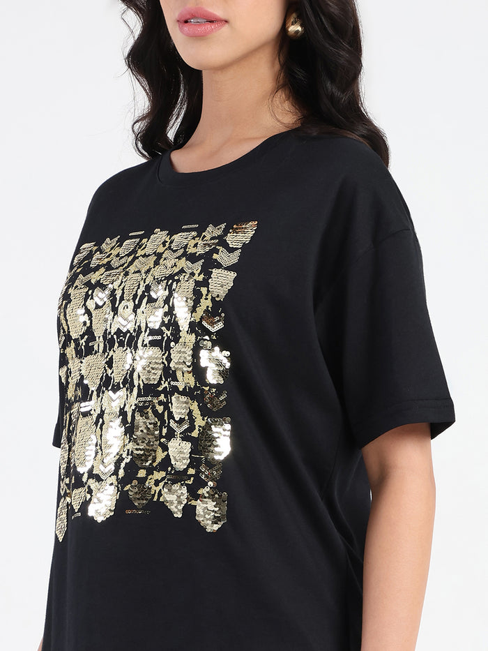 Madame Front Embellished Solid Black Cotton T-shirt