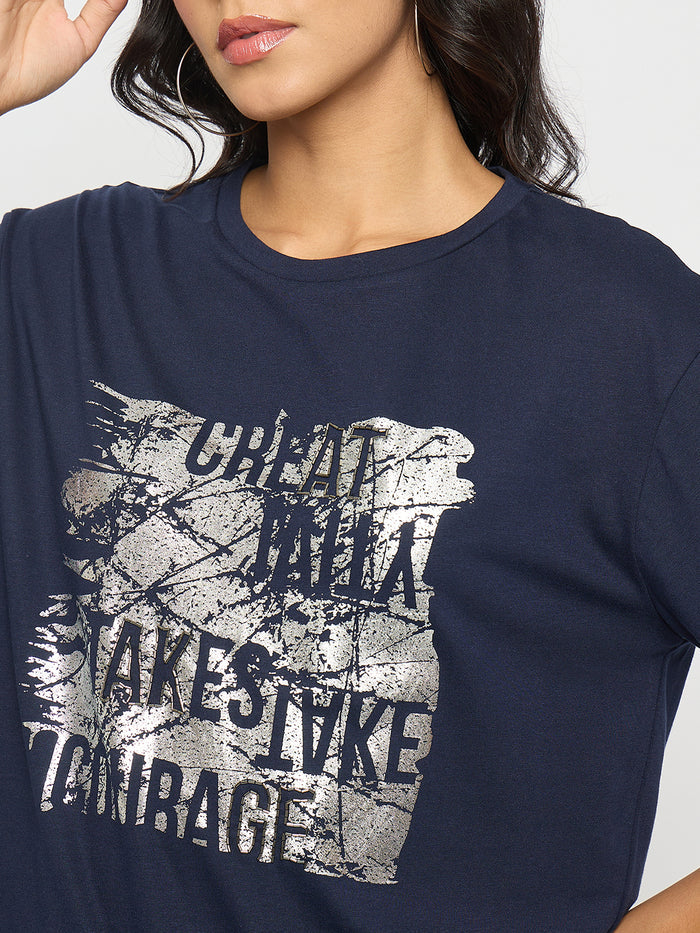 Madame Graphic And Typography Print Navy Blue Cotton T-Shirt