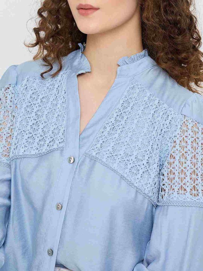 Madame Lace Detailed Pleated Front Powder Blue Top