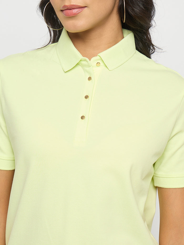 Madame Lime Yellow Cotton Blend Polo T-Shirt