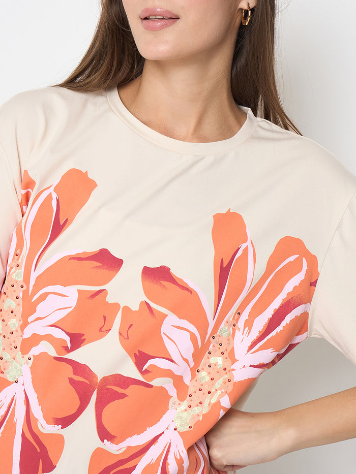 Madame Printed and Handwork Detailed Beige Sinker T-shirt