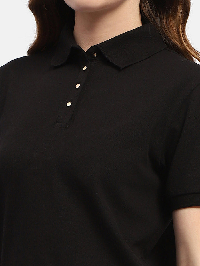 Madame Solid Black Polo Neck T-Shirt