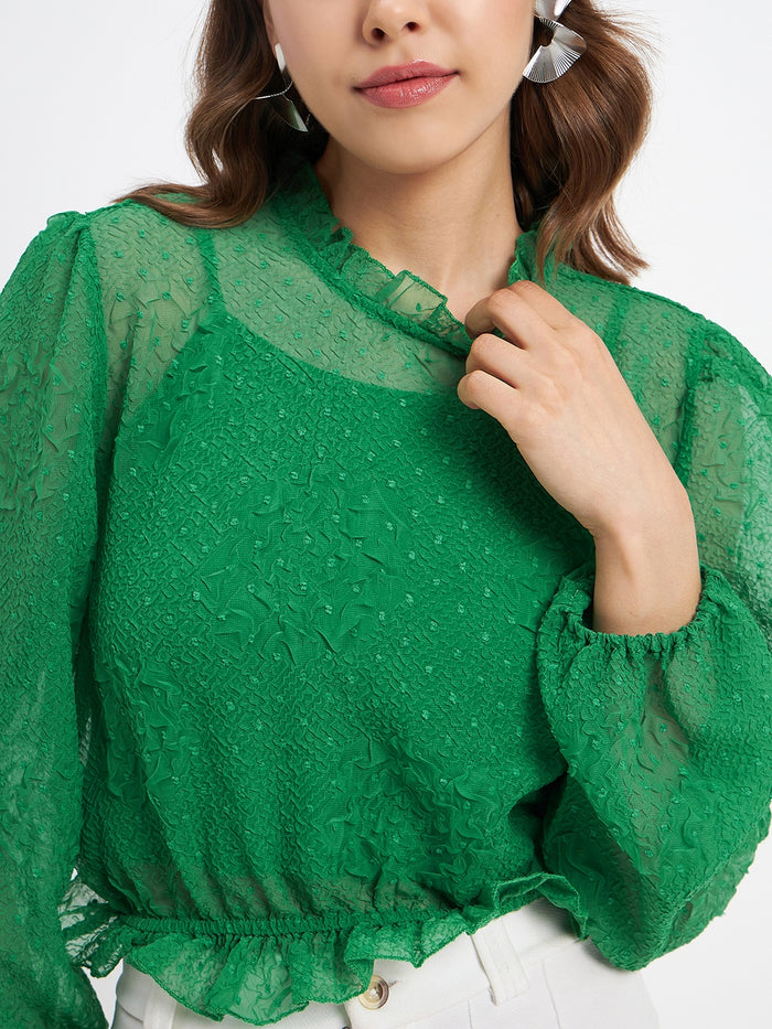 Madame Textured Swiss Dot Detail Green Peplum Top