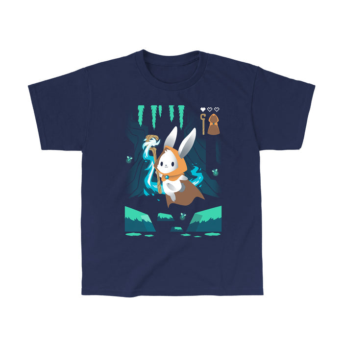 Classic Cotton T-shirt_TeeTurtle Mage Class navy blue apparel featuring an adventurous magical bunny holding a staff and skipping across a river and surrounded by fireflies.
