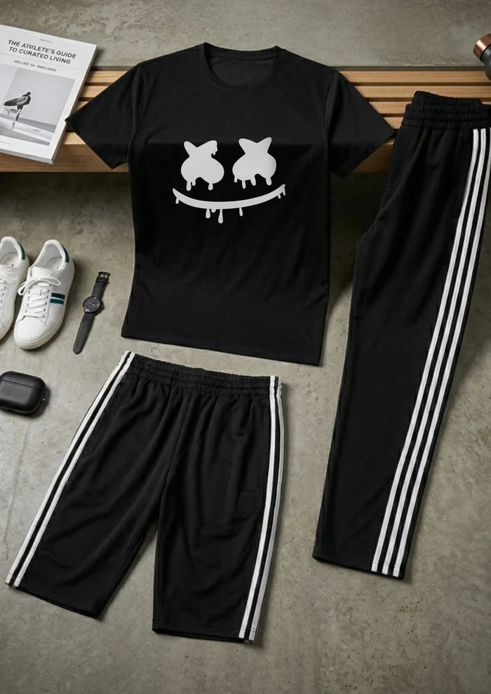 Men's Black Graphic Printed T-Shirt with Black Stripe Trouser Co-Ord Set -3 PIECE