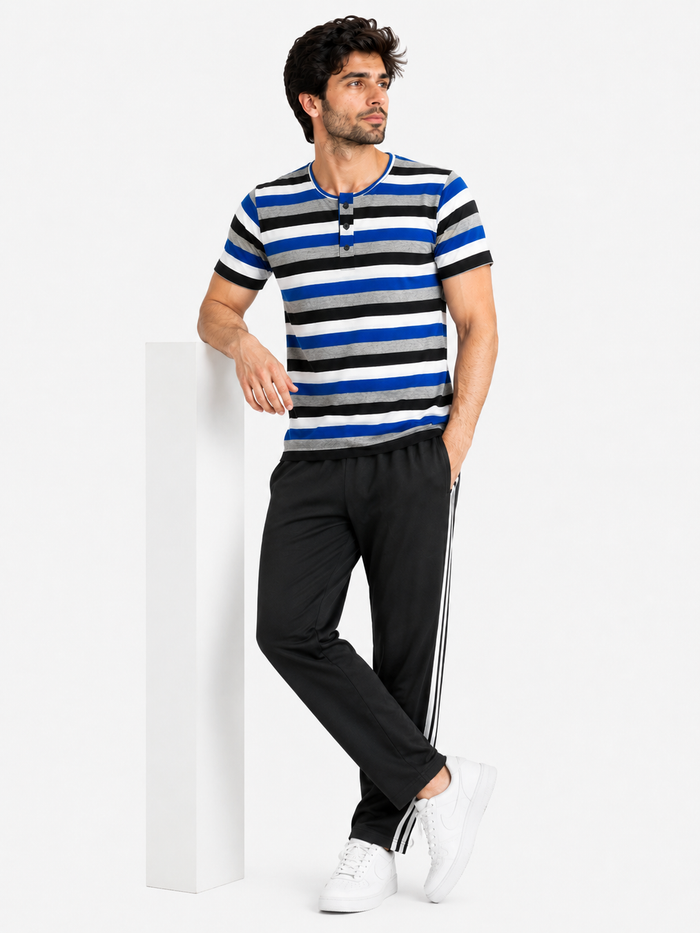 Men's Blue Striped Button Henley T-Shirt
