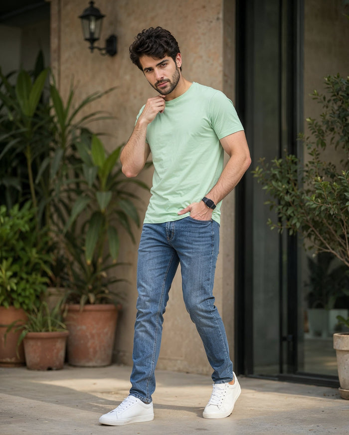 Men's Mint Green Cotton Crew Neck Half Sleeve T-Shirt