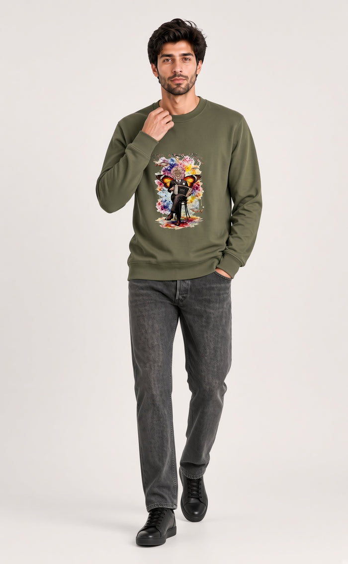 Men’s Premium Olive Green Butterfly Printed Fleece Sweatshirt