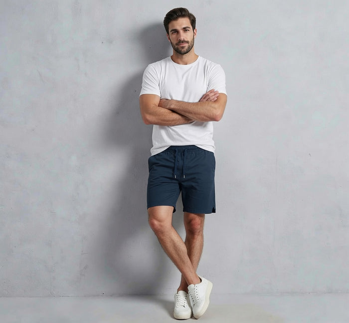 Men's Rib Lycra Cotton Casual Shorts Teal Blue Regular Fit