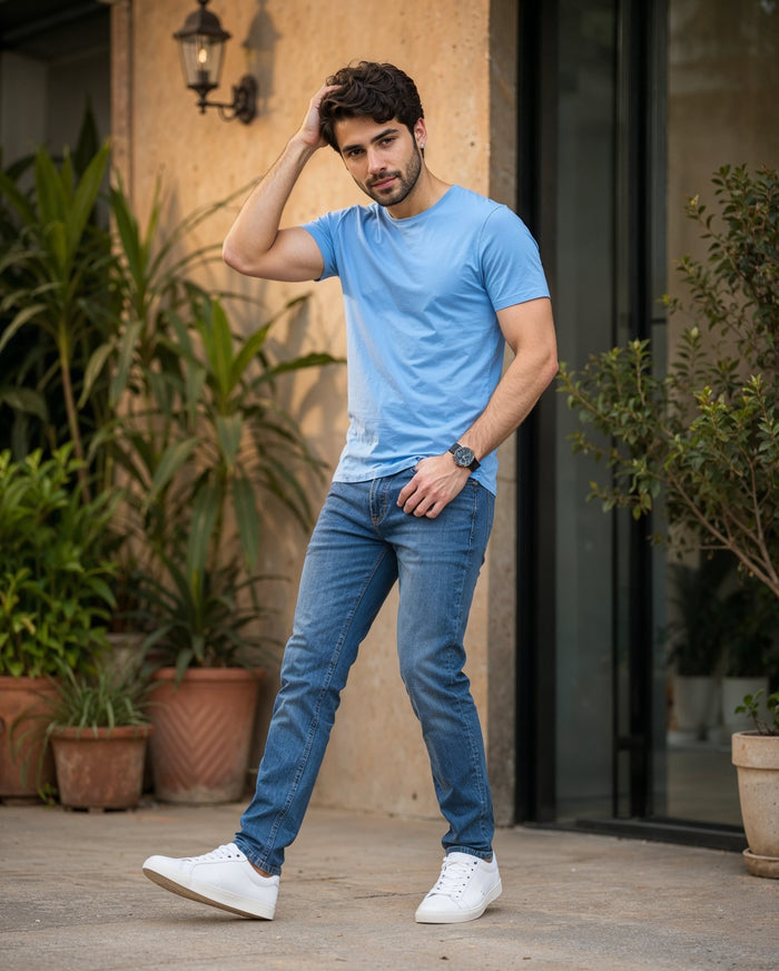 Men's Sky Blue Cotton Crew Neck Half Sleeve T-Shirt