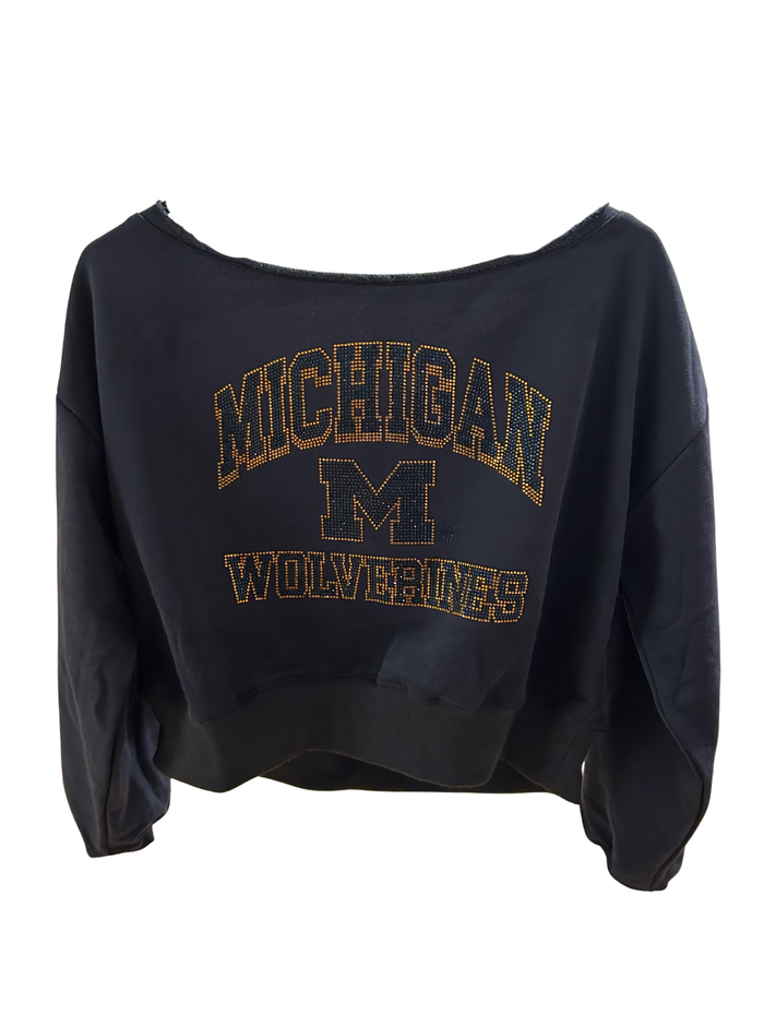 Michigan Rhinestones Crop Off Shoulder Crew