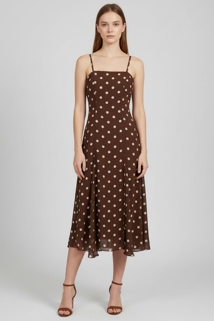 Mocha Polka Dot Flowy Midi Dress