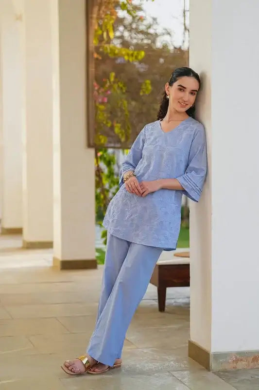 Powder Blue Whisper Embroidered Cotton Co-ord Set
