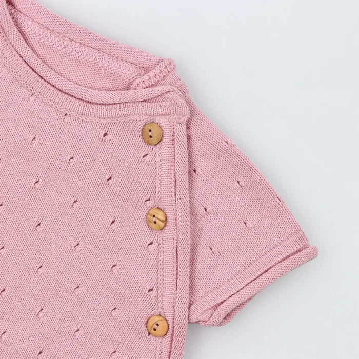 Rose Pink Short Sleeve Perforated Cotton Knit Romper