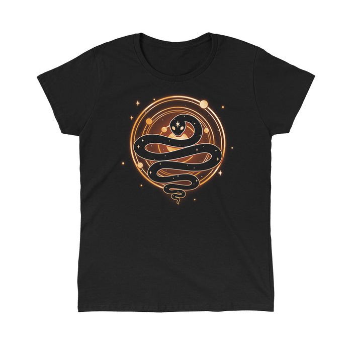 Classic Cotton T-shirt_TeeTurtle Serpent of Cosmos black t-shirt featuring a stylized black snake with white stars on its body who is coiled in front of a glowing circle with smaller orange circles and dots, resembling a cosmic or celestial symbol.