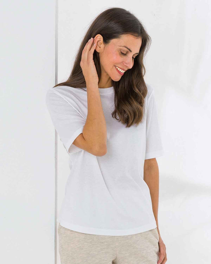Silky Cotton Crew Neck Top - White - The Classic Boutique