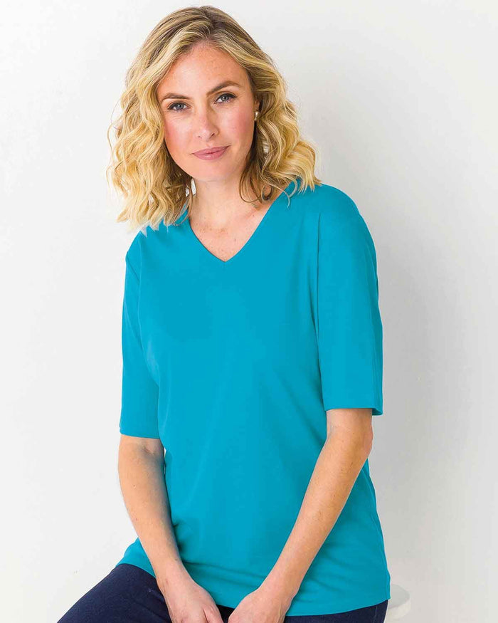 Silky Cotton V Neck Top - Lagoon - The Classic Boutique