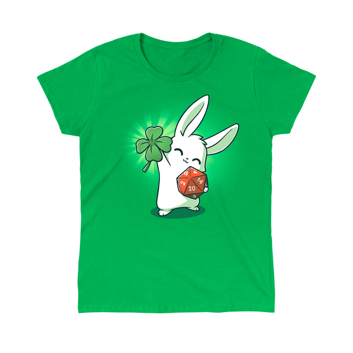 Classic Cotton T-shirt_Teeturtle This is My Lucky Shirt Irish green t-shirt featuring a white rabbit smiling with its' eyes closed holding up a four leaf clover in one paw while gripping a D20 dice in the other.