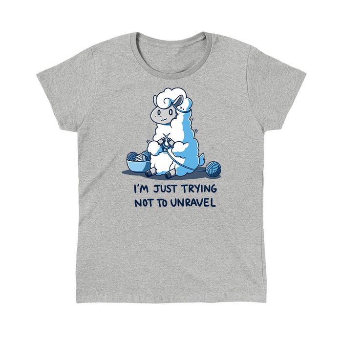 Classic Cotton T-shirt_Teeturtle Trying Not to Unravel Heather Gray Featuring a nervous-looking sheep knitting yarn set above the text 'I'm Just Trying Not To Unravel'