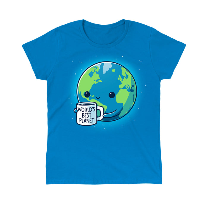 Classic Cotton T-shirt_Teeturtle sapphire blue World's Best Planet apparel featuring a cute smiling Earth holding a coffee mug that reads 'World's Best Planet'.