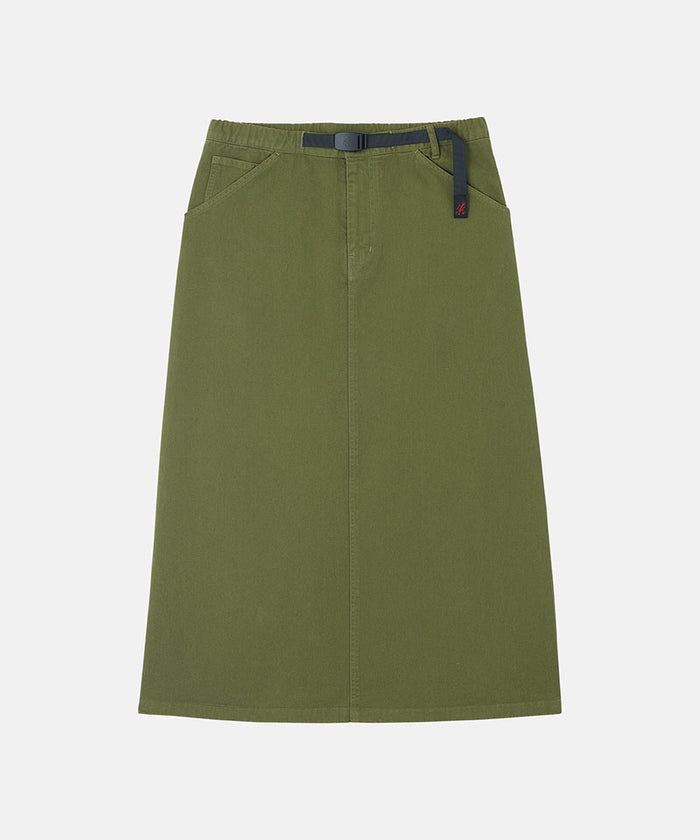 Olive colored Gramicci 5-Pocket Skirt against a light-tone background.