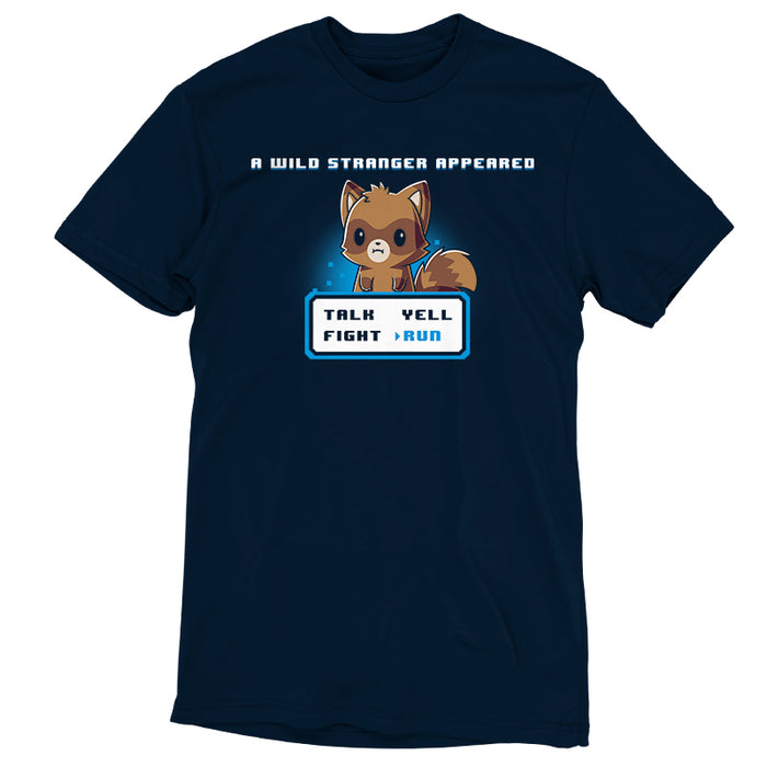 Premium Cotton T-shirt_TeeTurtle navy blue A Wild Stranger Appeared featuring a Raccoon beneath the words 'A Wild Stranger Appeared' with a RPG input screen with 'Talk, Yell, Fight, Run' beneath with 'Run' selected.